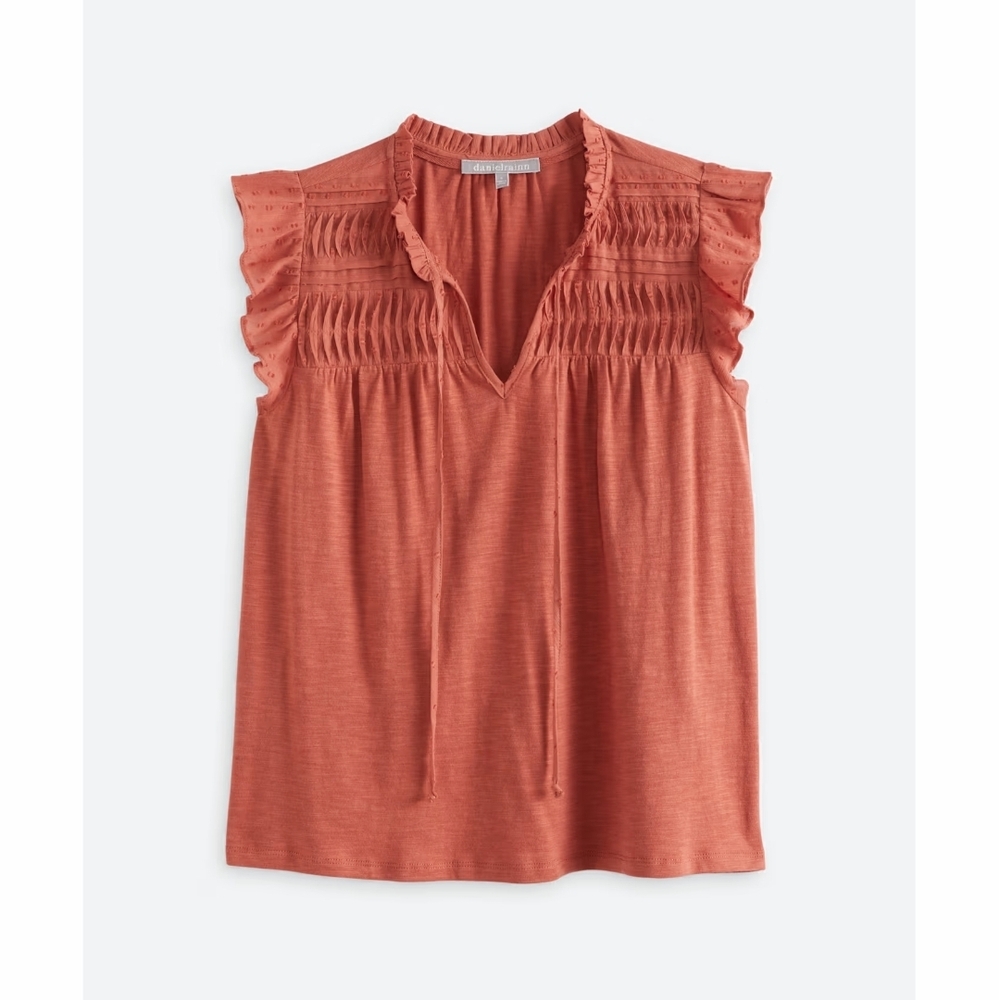 Women's Ruffled V-Neck Top - Rust